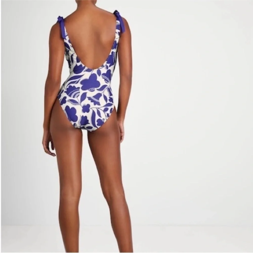 Kate Spade Floral Bow Shoulder Zigzag Blue & White Blueberry Swimsuit
